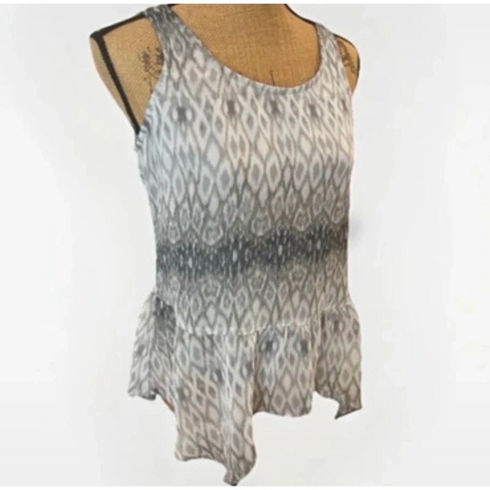 Express Abstract Print Ruffled Tunic Top Peplum Ombre Gray White Size XS